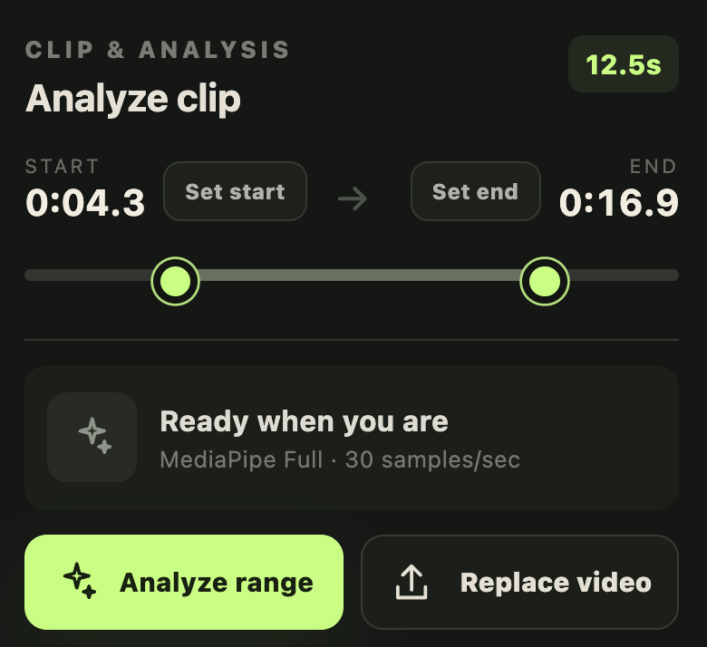Crux Vision’s clip analysis controls showing a 12.5-second range selected for on-device pose analysis.