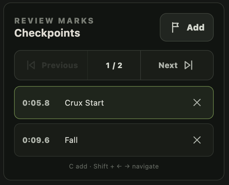 Crux Vision’s checkpoint controls with named Crux Start and Fall review marks.