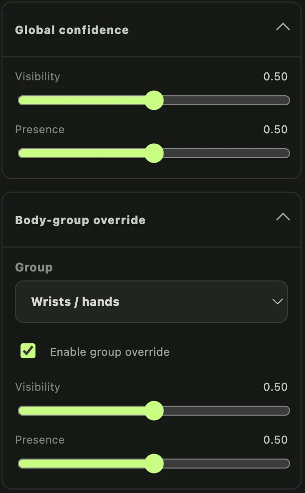 Crux Vision’s global confidence and body-group override controls for visibility and presence thresholds.