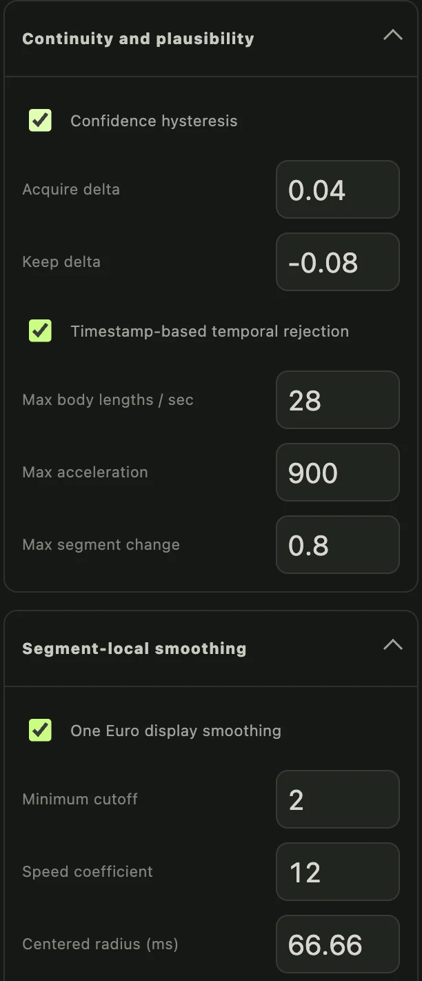 Crux Vision’s advanced controls for confidence hysteresis, temporal plausibility checks, One Euro smoothing, and centered smoothing radius.