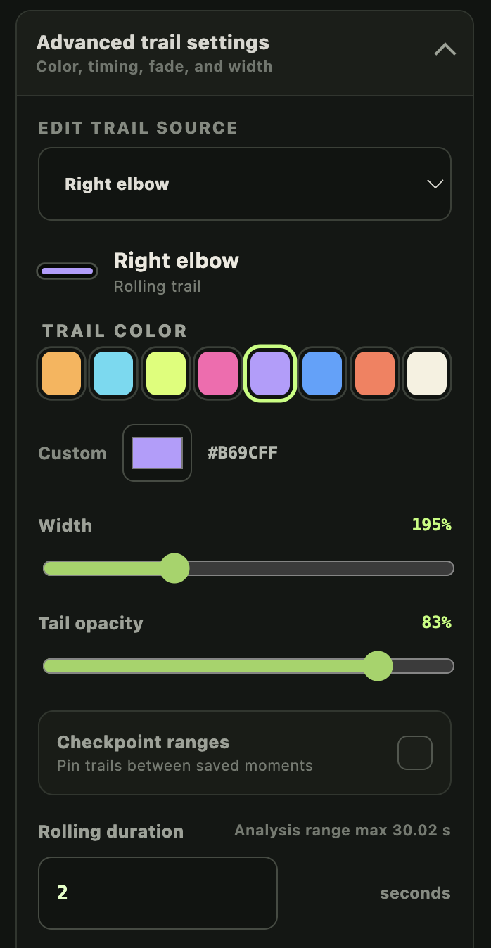 Crux Vision’s advanced trail editor for changing a joint trail’s color, width, opacity, and duration.