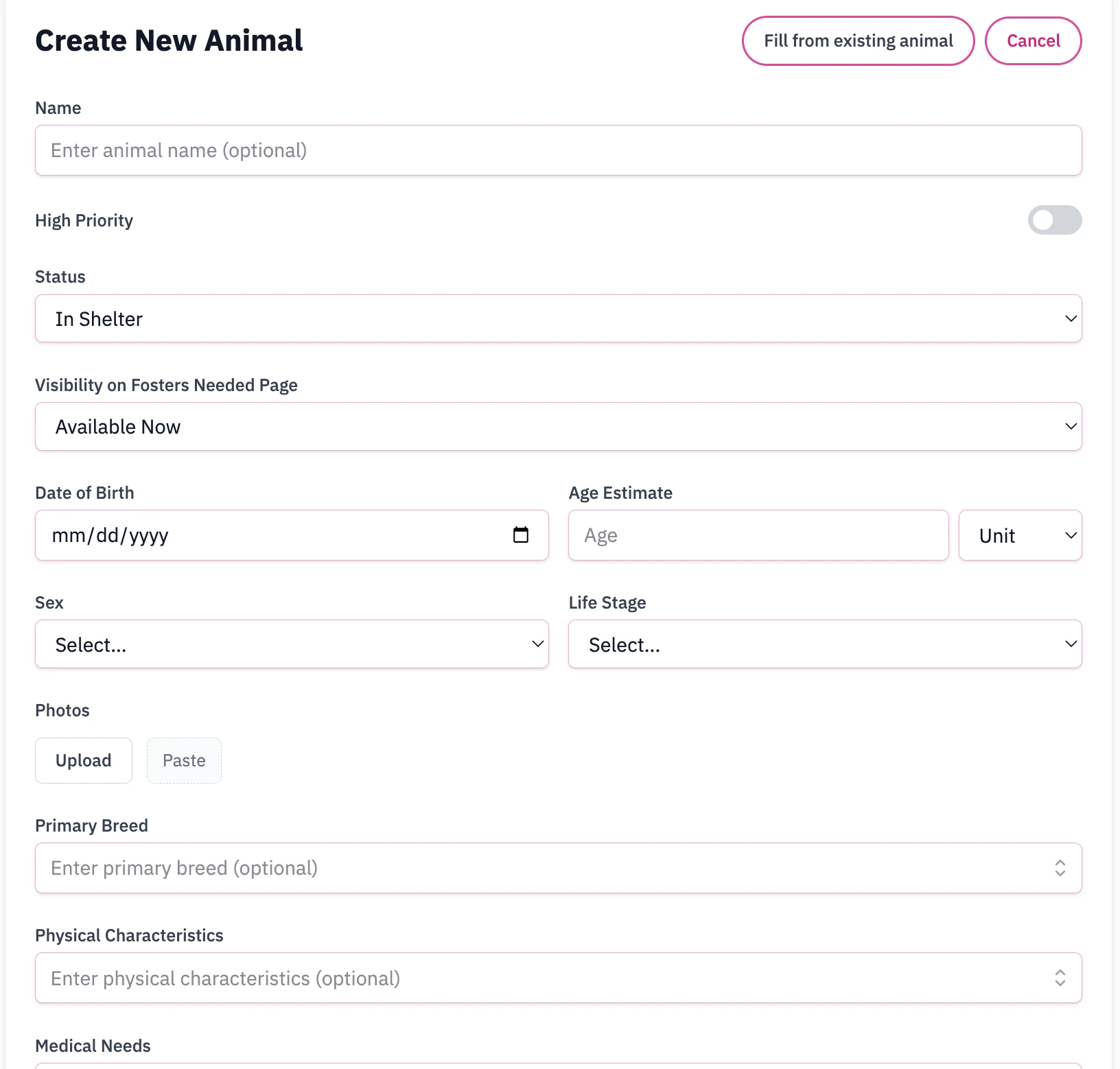 Fosty’s Create New Animal intake form with optional fields, status controls, and photo tools.