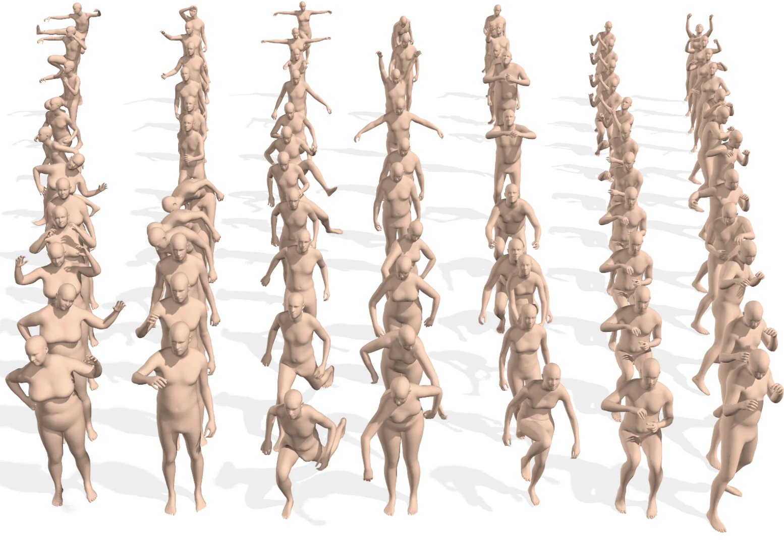 A wide collection of AMASS body models showing varied poses, movements, and body shapes.